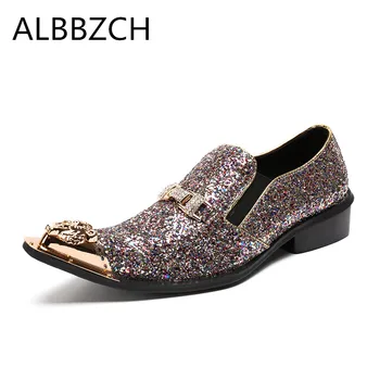 

New mens shinny glitter wedding shoes men fashion luxury metal pointed toe party dress shoes man loafers falts big yards 46 US12