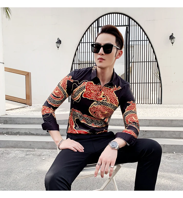 Модное платье рубашка Camisa Hombre Повседневная приталенная рубашка с длинными рукавами Мужская Уличная подвеска дракон принт Мужская рубашка