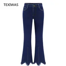 TEXIWAS весна осень новые толстые мм размера плюс XL-5XL джинсы с карманами на пуговицах Женские повседневные Модные расклешенные брюки на молнии с бахромой