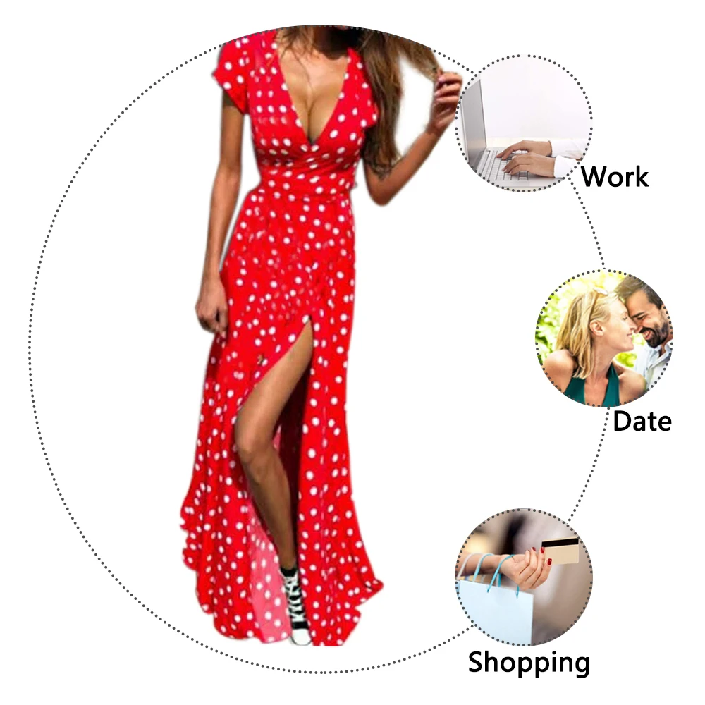 NIBESSER женское платье в горошек с высоким разрезом летнее сексуальное пляжное платье с v-образным вырезом в стиле бохо с коротким рукавом с поясом макси длинные платья размера плюс