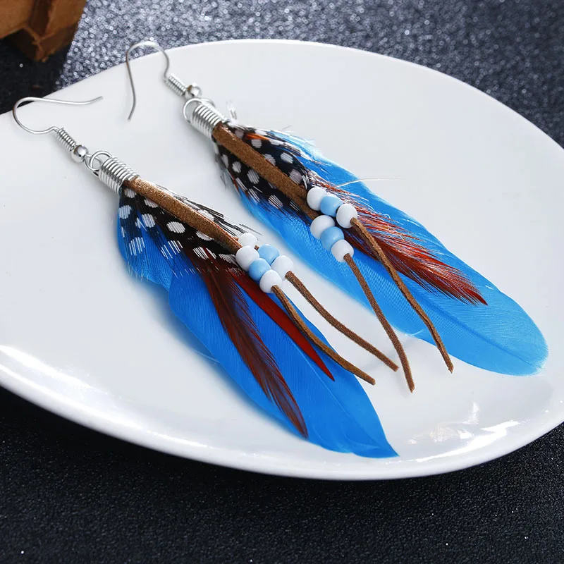 Boho Long Feather Earrings for Women Fashion Red White Yellow Drop