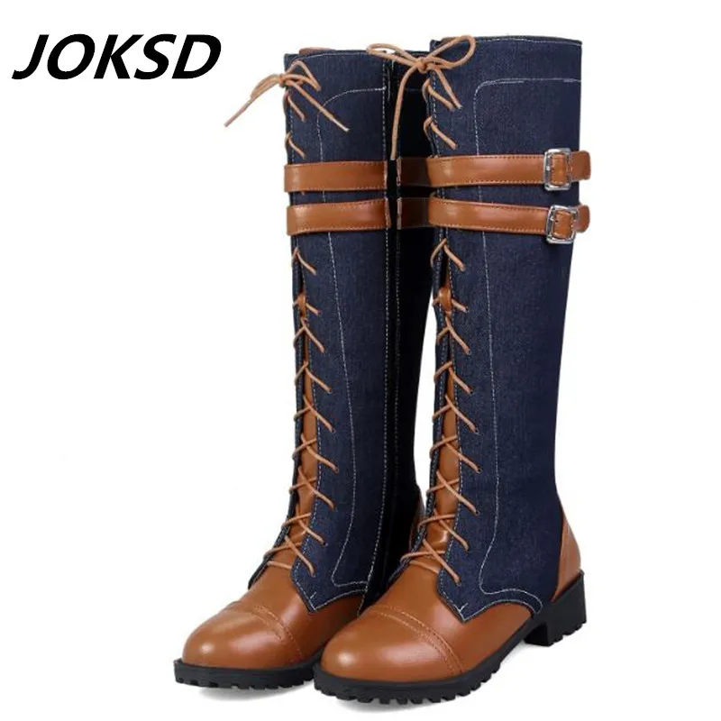Женские сапоги до колена JOKSD на низком каблуке с пряжкой и джинсовым ремешком
