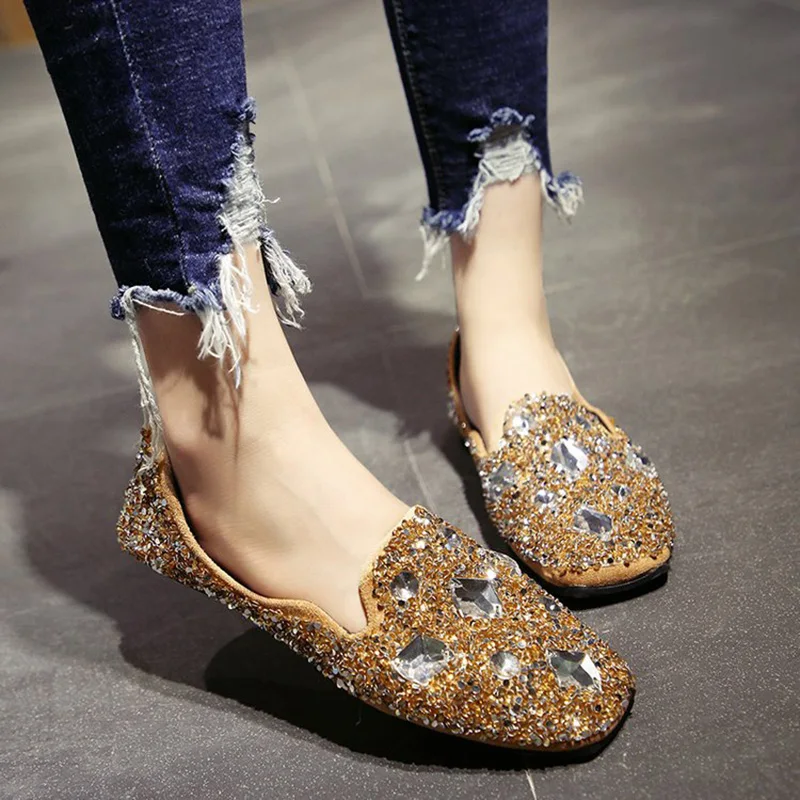 Western Sequins Square Toe Shallow Loafers Gold Glitter Ladies Shoes