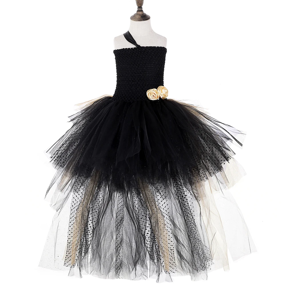 Платье-пачка с золотыми и черными цветами для девочек со шлейфом; детское платье из тюля для свадебной вечеринки; детское платье ручной работы для девочек