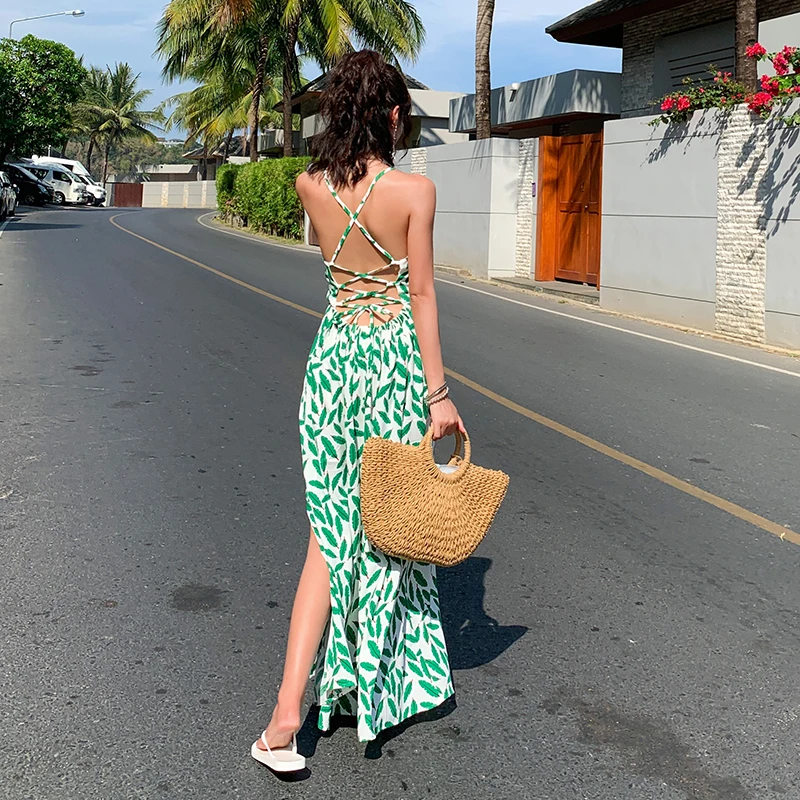 Summer Women Backless Straps Maxi Sundress Female Tropical Long Sea Beach Dress Elegant Vacation Vintage Boho Runway Dress New