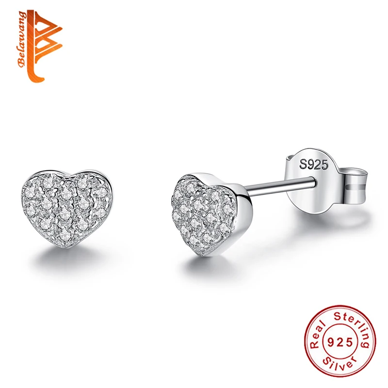 Cute 925 Sterling Silver Exquisite Crystal Heart Stud Earrings For