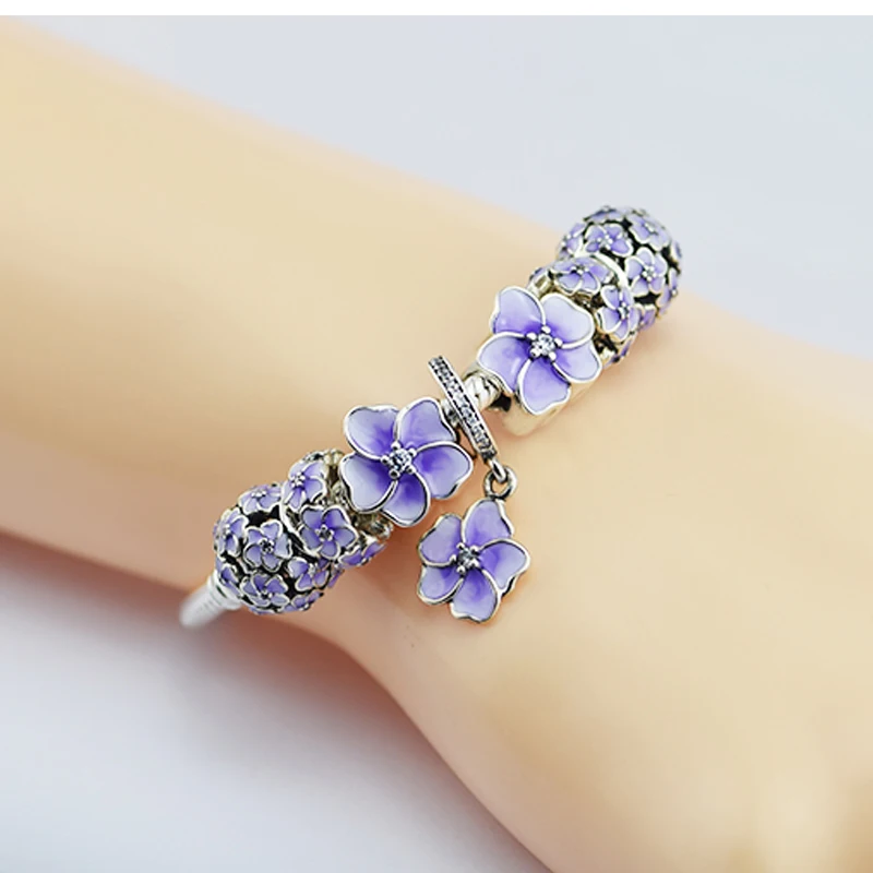 

CKK 100% 925 Sterling Silver Lavender Enamel Beads Dangle Charm Fandola Bracelet Jewelry Set for Women DIY Fine Jewelry CKSR008