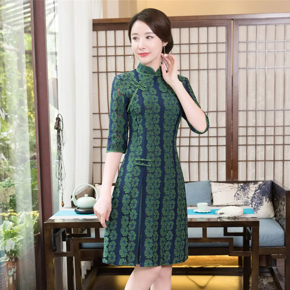 

New Arrival Womens Lace Knee Length Cheongsam Fashion Chinese Style Dress Elegant Slim Qipao Vestido Size S M L XL XXL XXXL 9981