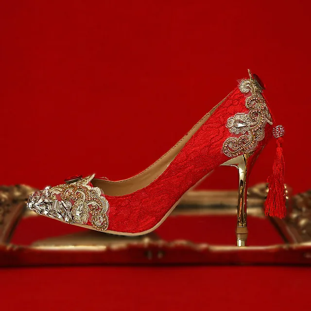 Women Wedding Shoes Red High Heels Crystal Bridal Pumps Gold