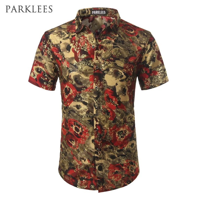 Мужская приталенная шелковая рубашка золотистая бархатная с цветочным принтом