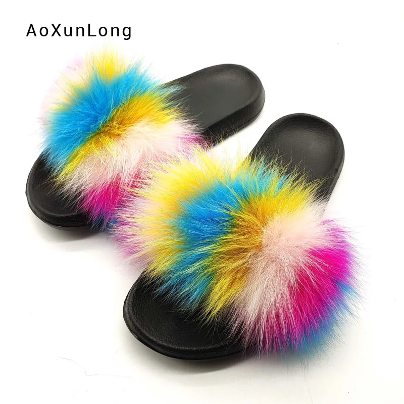 

Ladies Summer New Plush Furry Fox Fur Slipper 2019 Hot Sale Women Home Sandals Luxury Female Indoor Fur Slides