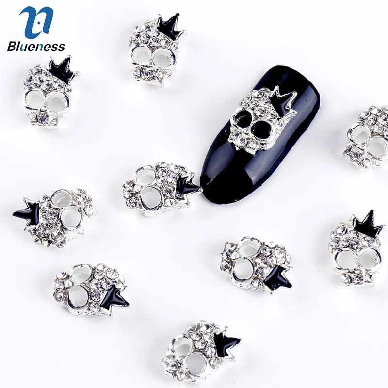 

Blueness 10Pcs Luxury Silver Skull Nail Tools Rhinestones For Nails Alloy Glitters DIY 3D Nail Art Decorations TN708