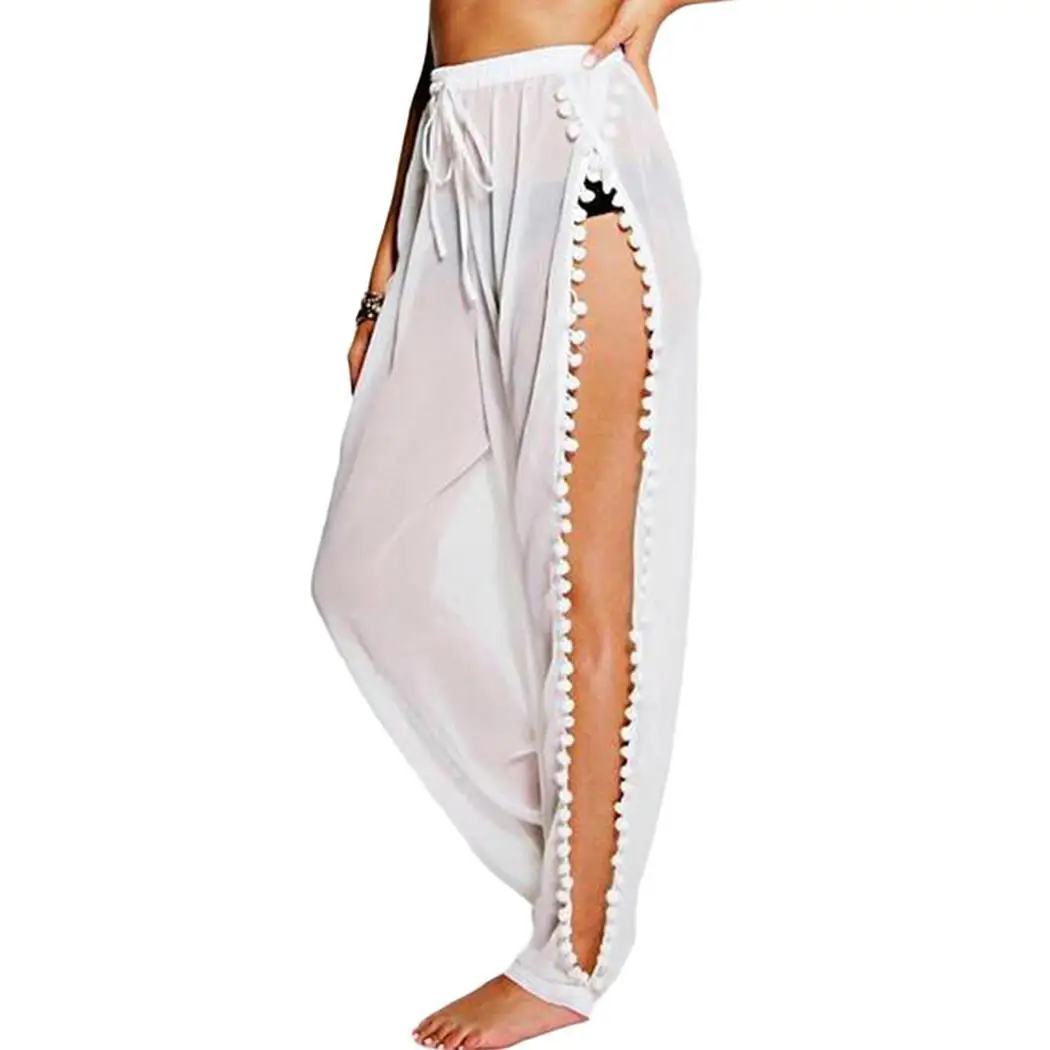 

Women Casual Drawstring Waist Solid Hollow Casual, Beach Hollow, Mid Full Summer Length Cover-up Pants Loose