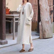 Johnature, vestido Vintage para mujer, batas de algodón y lino, novedad de Primavera de 2020, cuello en V, manga larga, bolsillos, de talla grande, ropa de mujer, vestido suave