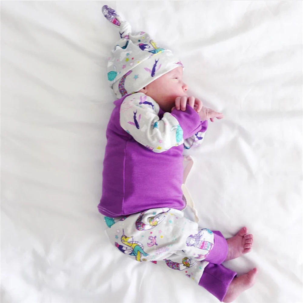 

Baby Girls Clothing Set Autumn Infant Newborn Clothes Cartoon Mermaid 3Pcs Long sleeved T-shirt+Pants+Hat Toddler Outfits