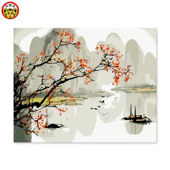 

painting by numbers art paint by number diy oil decorative painting painted their coloring Chinese classical ink boat crossin