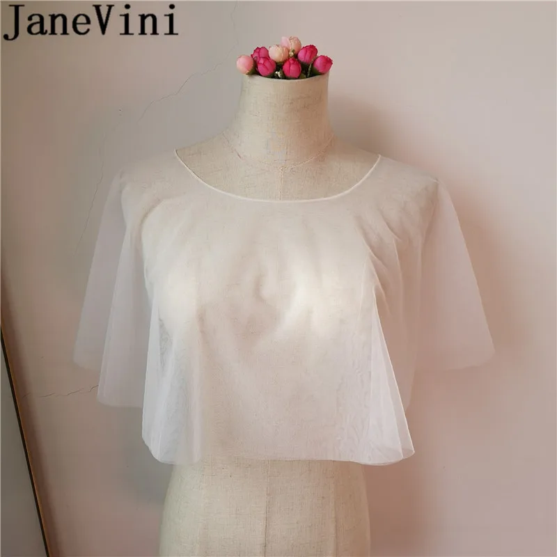 

JaneVini Bruids Jas Simple Wedding Cape Brides Bolero White Sheer Soft Tulle Bridal Shoulder Wraps Shrug Mariage Evening Shawl