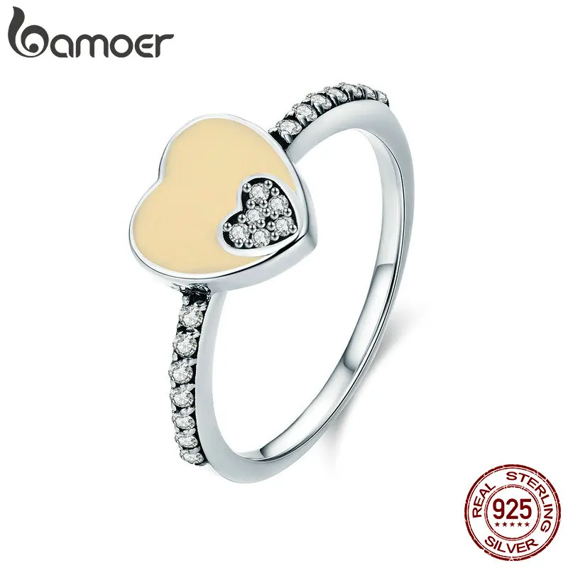 

BAMOER Romantic New 100% 925 Sterling Silver Sweet Double Heart CZ Finger Rings for Women Sterling Silver Jewelry Gift SCR316