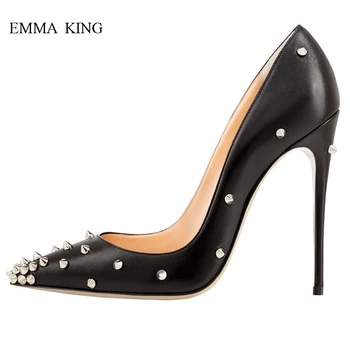 

EMMA KING Glitter Spikes Rivets Studded Apricot Black High Heels Shoes Woman Patent Leather Dress Shoes Stilettos Big Size 43