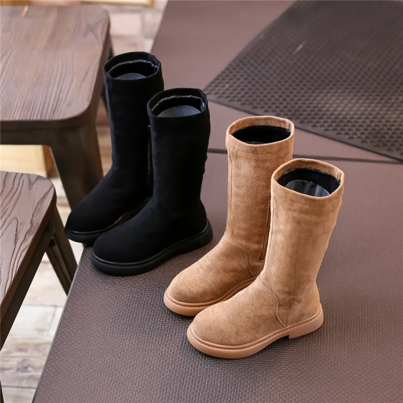 

KIDS Autumn Winter Girls Suede Knee High Boots Children Fashion Flat Toddler Brand Black Flock Booties Round Head Children Shoes