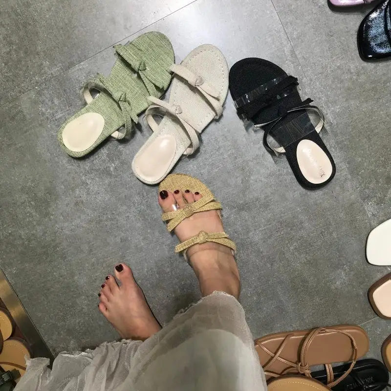 

Rubber Slippers Brief Low Female Leather Slides Sandal Retro Mules New 2019 Flat Babouche Summer Ladies Modis Allmatch Cute