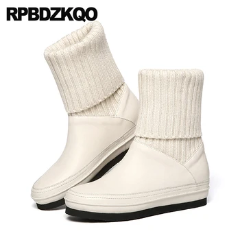 

designer shoes women luxury 2018 sock fur boots flat big brand high quality genuine leather winter size knit slip on mid calf