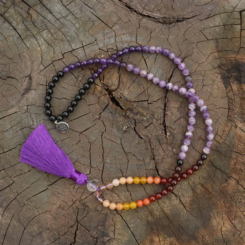 8mm Red Hair Quartz Crystal,JapaMala Necklace,Namaste Yoga Jewelry,Chakra Stones Mala, Buddhist Mala Prayer Bead, 108 Mala Beads