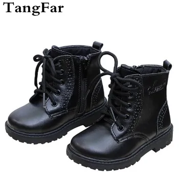 

Children Boots New Girls Leather Botas Boys Snow Waterproof Shoes High Top British Carved Boots Black Ankle Booties