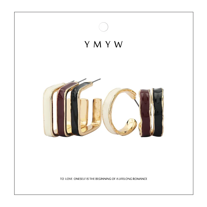 

YMYW 2 Style Korean Minimalist Enamel Stud Earrings Square Round Metal Earring for Female Office Brincos Jewelry Accessories New