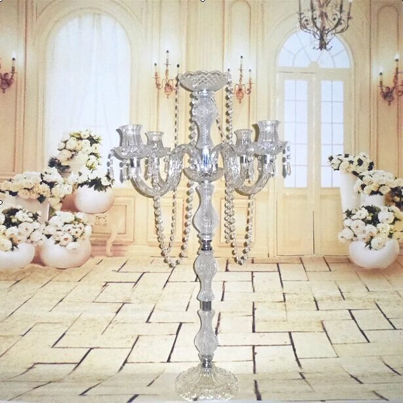 New arrival 90cm height Acrylic 5 arms metal candelabras with crystal