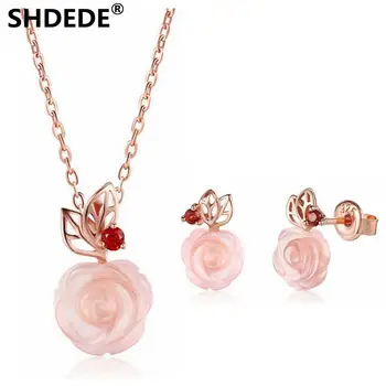 

SHDEDE S925 sterling silver jewelry fashion delicate rose natural pink crystal necklace earrings jewelry set 18K Rose Gold