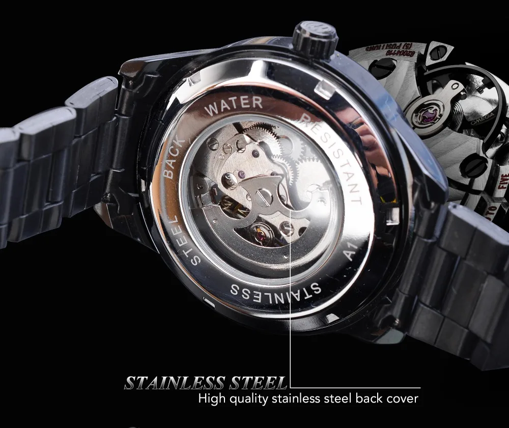 Forsining Скелет черные Автоматические часы гоночные мужские модные механические часы прозрачные черные наручные часы из нержавеющей стали подарок