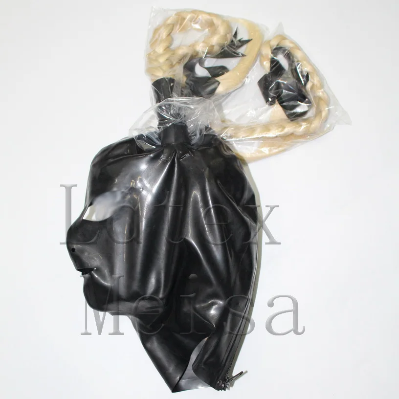 

Black head latex hoods rubber masks open eyes nostrils mouth attached pigtails and back zip