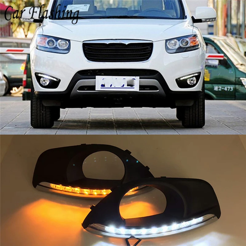

Car Flashing 1Set For Hyundai Santa Fe 2010 2011 2012 LED DRL Daytime Running Lights Daylight With Turn Yellow Signal Lights
