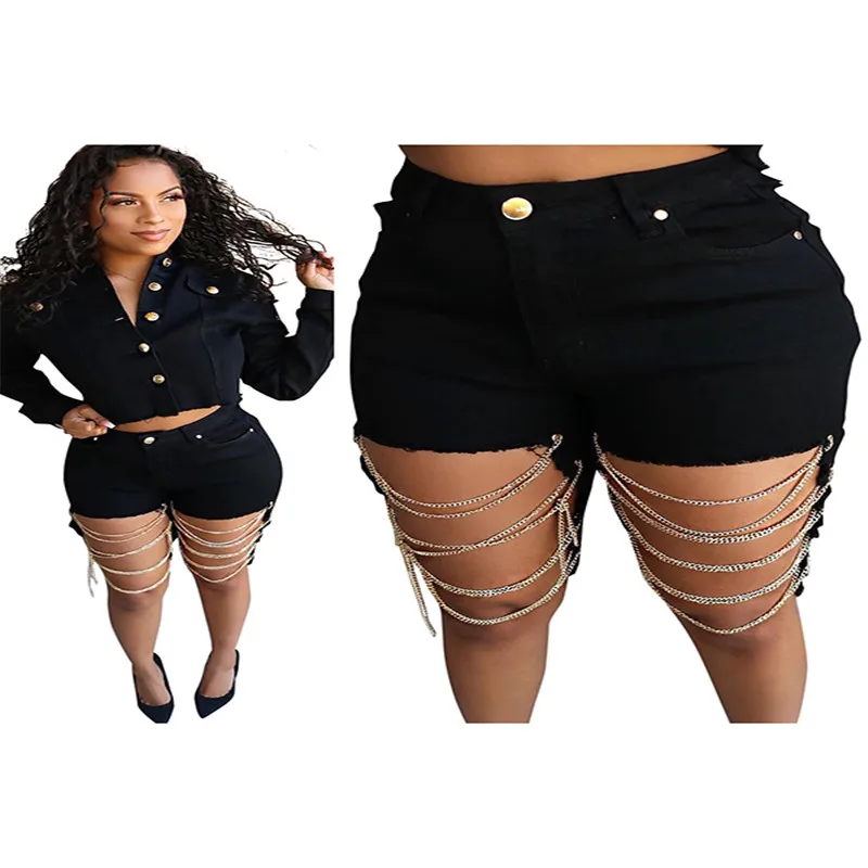 Black pants Шаровары для женщин хлопок ночной клуб отверстие цепочка на джинсы шорты для Высокая талия Летние Плиссированные Брюки карго - Цвет: Black pants