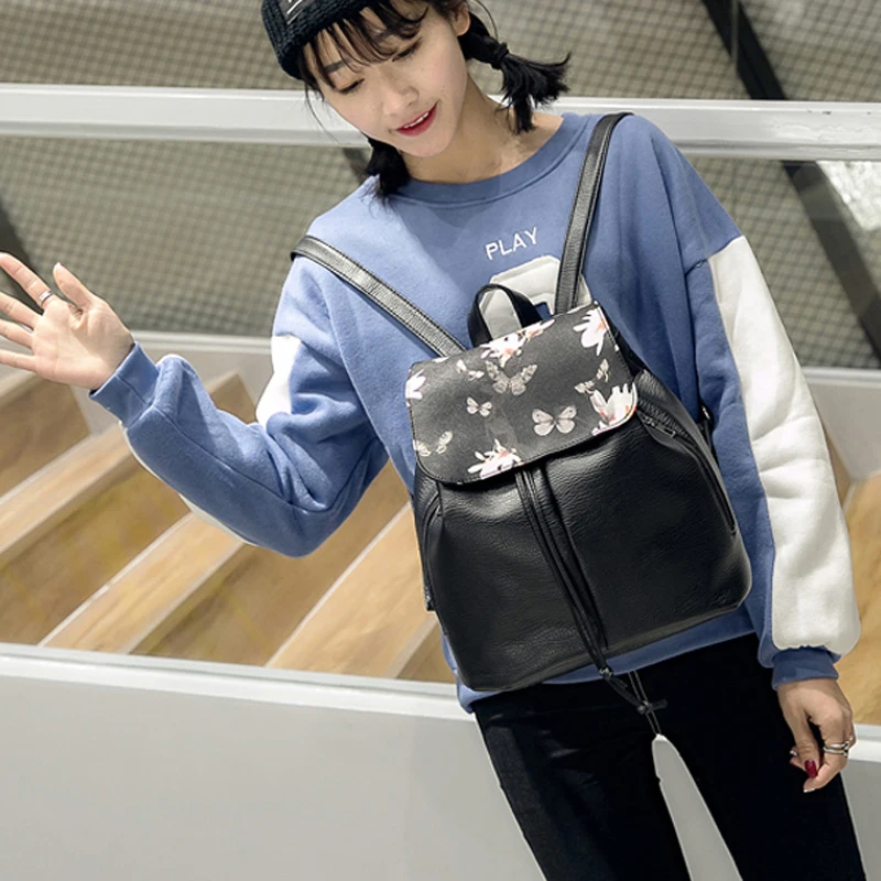 Mochila De mujer de patrón de flores de diseñador de cuerdas de cuero suave PU bolso de hombro de mujer mochilas de viaje Softback Mochila Mochila De mujer de patrón de flores de diseñador de cuerdas de cuero suave PU bolso de hombro de mujer mochilas de viaje Softback Mochila