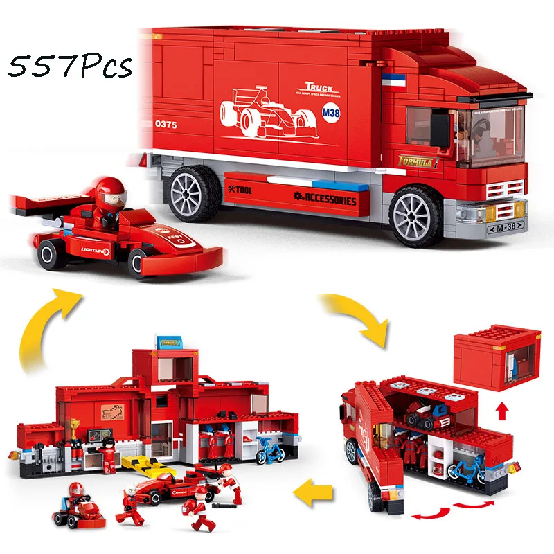 

Models building toy 0375 557Pcs 2in1 Technic F1 Formula Racing Car Transport Truck Building Blocks Compatible with lego toys