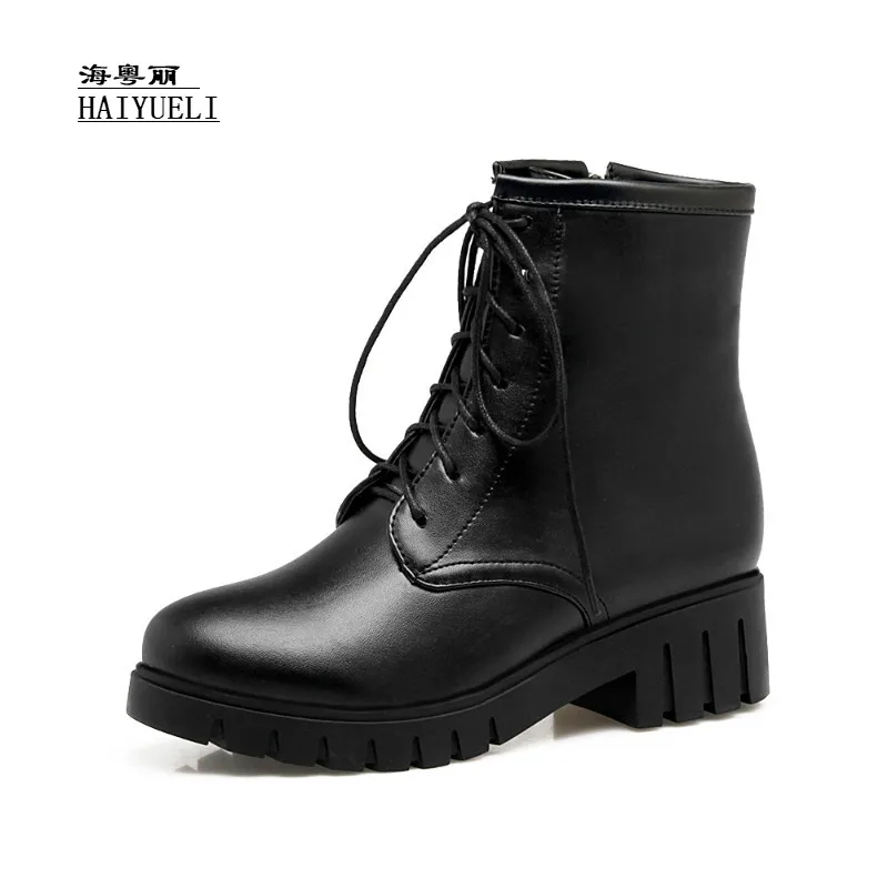 

Women Suede Round Toe Platform Thick High Heels Lace Up Comfortable Winter Mid-Calf Boots Ankle Martin Boots