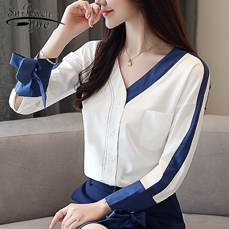 

Fashion Women Blouses 2018 Chiffon Long Sleeve blouse shirt White patchwork women Tops V-neck OL blouse Blusa feminina 0855 30