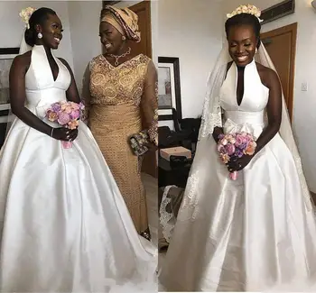 

South Africa Simple White Taffeta satin ball gown Wedding Dresses High Neck Garden Bridal Gown wedding gowns