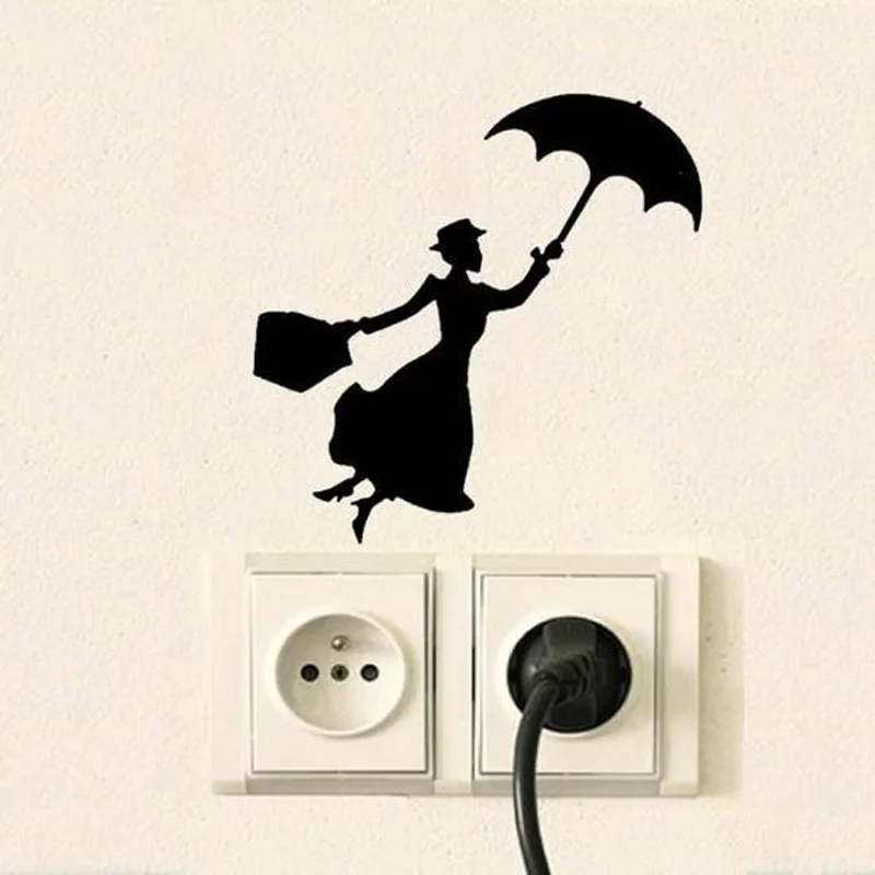 Creative Woman Holding Umbrella Switch Wall Stickers For Home Decor Vinyl Living Room Background Decals Individuality Stickers