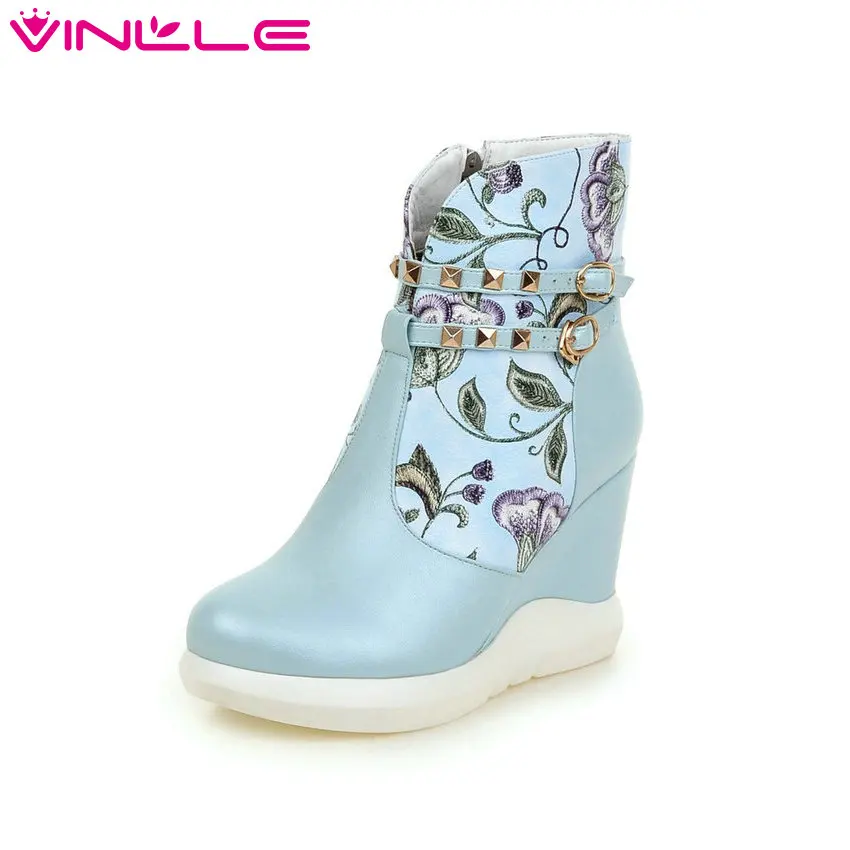 VINLLE 2016 Women Ankle Boots Ladies Wedges High Heel Printing Leather Autumn Shoes Elegant Women Fashion