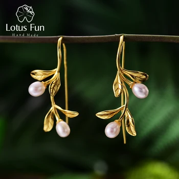 Lotus Fun Real 925 Sterling Silver Natural Pearl Earrings Fine Jewelry Waterdrops from the Olive Leaves Drop Earrings for Women