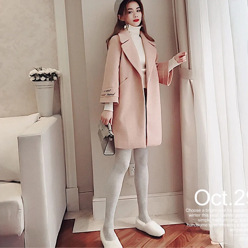 Wool Blend Coat Women Long Sleeve Turn-down Collar Outwear Jacket Casual Autumn Winter Elegant Overcoat Pink Camel Coat