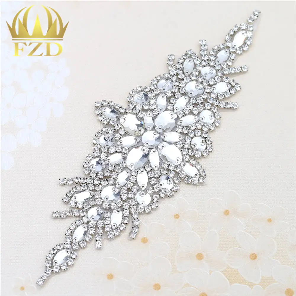 5pieces Wholesale Hot Fix Sew On Sliver Crystal Beaded Bridal