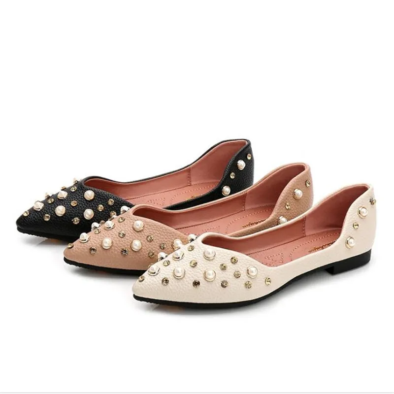 

2019 Runway Pointed Toe Women Flat with Pearls Casual Shoes Luxury Slip On Jewelry Ballet Shoes Anti-Skip Women Loafers