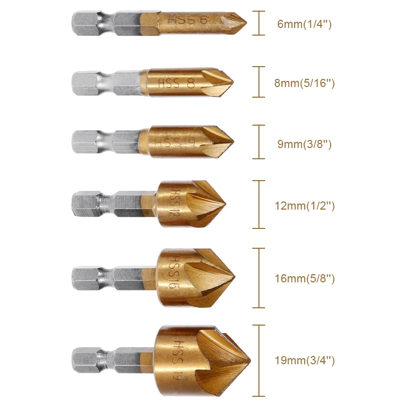 Vastar 6 шт. набор сверл для зенковки 1/4 ''шестигранный хвостовик HSS 5 Флейта Зенковка 90 градусов по дереву Фаска резак 6 мм-19 мм