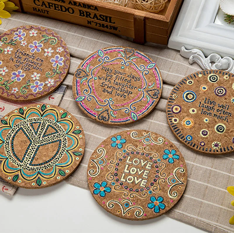 

Natural Cork Round Cup Mat Drink Coasters Heat Insulation Patterned Pot Holder Mats for Coffee Table Tabletop