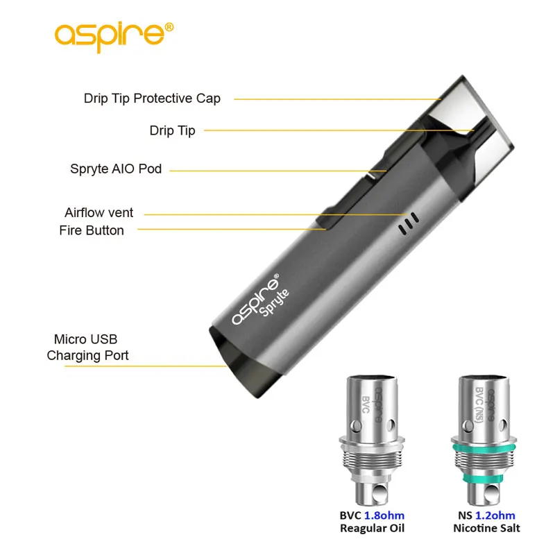 Aspire Spryte AIO Vaper Kit 1. 8ohm/1.2ohm Nic Salt с емкостью 3 5 мл vape Tank 650mAh встроенный аккумулятор