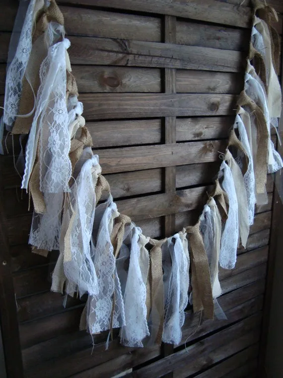 

Rustic lace garland wedding party decor shabby linen flag cottage cowgirl chic burlap decoration whimsy winery garlands DIY flag